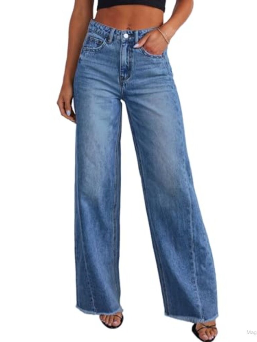 High Rise Wide Leg Jeans Raw Hem Denim Pants Women Stretchy